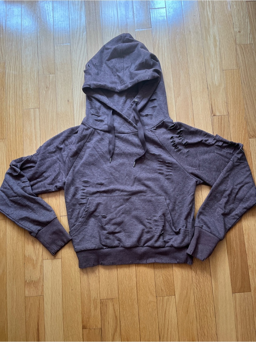 Brown Cropped Distressed Hoodie Sweater